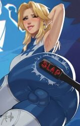 armpits ass biting_own_lip blonde_hair blue_eyes blush breasts bulge cowboy_shot earrings english_commentary fantastic_four female futanari highres jewelry large_breasts marvel marvel_rivals medium_hair one_eye_closed solo spanking sue_storm teeth watermark xinaelle