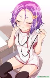 after_ejaculation bar_censor black_thighhighs blush bokutachi_wa_benkyou_ga_dekinai bukkake censored chair closed_eyes commission cum cum_on_body cum_on_clothes cum_on_hair desk dress facial female hair_between_eyes hands_up highres holding holding_stethoscope kominami_asumi large_variant_set nekosaki nurse office_chair on_chair panties pantyshot paper pixiv_commission puffy_short_sleeves puffy_sleeves purple_hair short_sleeves sitting stethoscope swivel_chair thighhighs thighs underwear variant_set white_dress white_panties