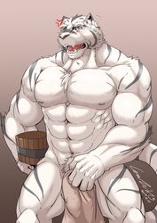 abs anthro blush enaeric feline grimoire_of_zero looking_at_viewer male male_only mammal mercenary_(character) mercenary_(zero_kara_hajimeru_mahou_no_sho) muscular nude pecs simple_background solo tiger towel