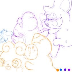 1:1 anthro blue_feathers blush bodily_fluids closed_eyes cocotama colored_sketch crown crying feathers featureless_limbs female fur group group_sex himitsu_no_cocotama japanese_text kirarise_(cocotama) luckytama makeup male mush_mukunnu nude open_mouth orange_eyes orange_fur penis purple_fur renji_(cocotama) sex simple_background speech_bubble sweat tears text white_background 九尾