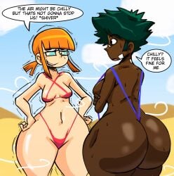 2girls absurd_res absurd_resolution absurdres ass ass_focus bandage bandage_on_face bandage_on_nose bangs beach big_ass big_butt bikini black_eyes breasts bubble_ass bubble_butt cartoony chocolate_and_vanilla curvaceous curvy curvy_female curvy_figure dark-skinned_female dark_skin day daytime dialogue english_text fat_ass female female_focus female_only glasses green_hair hi_res high_resolution highres jennilda_(rejectdoodles) large_ass light-skinned_female light_skin medium_breasts medium_hair nasty_spaghjett nose_bandage oc orange_hair original original_character original_characters outdoors outside rachel_rainmore_(rejectdoodles) sand sideboob sidelocks sling_bikini slingshot_swimsuit small_breasts speech_bubble sweat sweating sweaty sweaty_ass sweaty_body sweaty_butt swimsuit swimwear tagme talking talking_to_another text thick_ass thick_thighs thighs tied_hair tremble_lines tremble_spikes trembling voluptuous voluptuous_female