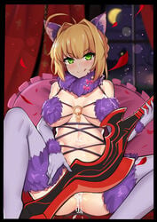 >:q :q absurdres after_sex after_vaginal ahoge animal_ears bangs bare_shoulders bare_tree black_border blonde_hair blurry blush border bow breasts breasts_apart convenient_censoring cosplay crescent_moon cum cum_in_pussy cum_on_stomach cumdrip curtains depth_of_field detached_collar elbow_gloves eyebrows_visible_through_hair fate/extra fate/grand_order fate_(series) female frilled_pillow frills fur-trimmed_gloves fur-trimmed_legwear fur_trim gloves green_eyes highres holding holding_sword holding_weapon indoors large_breasts licking_lips light_particles looking_at_viewer mash_kyrielight_(cosplay) mash_kyrielight_(dangerous_beast)_(cosplay) moon navel nero_claudius_(fate) night night_sky o-ring petals pillow pink_bow purple_gloves purple_legwear revealing_clothes shiny shiny_skin short_hair sitting sky slm smile solo spread_legs stomach sweat sword tassel tongue tongue_out tree tsurime weapon window wolf_ears