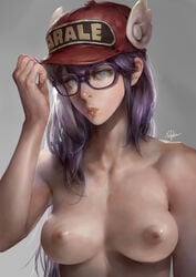 1girls 80s alternate_form android arale_norimaki areolae bangs bare_shoulders baseball_cap blue_eyes breasts breasts_apart character_name clothes_writing collarbone dr._slump female glasses grey_background hand_on_headwear hand_up hat highres lips lipstick long_hair looking_at_viewer makeup medium_breasts nipples nose nude older parted_lips pink_lips pink_lipstick puppeteer_lee purple_hair red_hat round_glasses signature small_breasts solo upper_body winged_hat wings