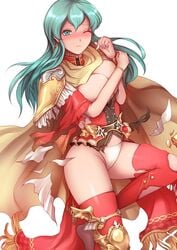 1girls blush breast_press breasts clothes clothing cyan_eyes eirika_(fire_emblem) female female_focus female_only fire_emblem fire_emblem:_the_sacred_stones jtaka long_hair looking_at_viewer panties solo solo_female solo_focus torn_clothes white_background