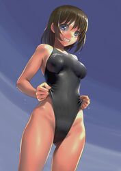 archway_of_venus bare_shoulders blue_eyes breasts brown_hair competition_swimsuit covered_navel dutch_angle eyebrows_visible_through_hair female grin highleg highleg_swimsuit katahira_masashi medium_breasts one-piece_swimsuit original simple_background smile solo swimsuit swimsuit_lift viewed_from_below wet