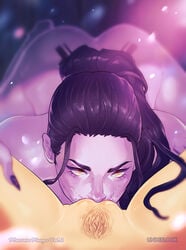 2d 2girls ass barefoot blizzard_entertainment cinnabarbie cunnilingus devouring_pussy feet female female_only female_pov long_hair multiple_girls nail_polish overwatch ponytail pubic_hair purple_hair purple_skin pussy pussy_juice shiny_skin soles spread_legs tied_hair widowmaker yellow_eyes yuri zarya