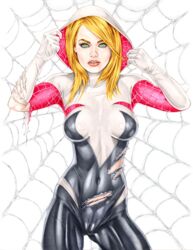 1girls actress armando_huerta belly blonde_hair bodysuit breasts cameltoe celebrity colored covered_breasts emma_stone eyelashes female female_only green_eyes gwen_stacy hips hood human large_breasts legs long_hair looking_at_viewer marvel solo spider-gwen spider-man_(series) standing tagme thighs torn_clothes