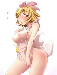 aki_(akikaze_asparagus) apron blonde_hair blush breasts brown_eyes brown_hair covering covering_crotch female hair_ornament hand_on_own_chest medium_breasts multicolored_hair naked_apron nipples open_mouth see-through short_hair solo toramaru_shou touhou two_tone_hair