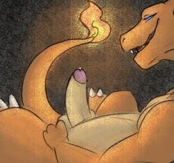 1boy blue_eyes charizard covertcanine cum erection grainy lying male male_only nintendo on_back penis pokemon precum simple_background solo testicles video_games