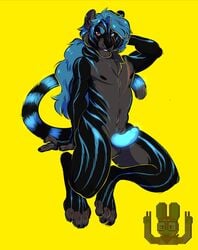 anthro balls bioluminescence bitley black_fur blind_eye blue_fur blue_hair carmeo_(character) feline fur glowing glowing_penis grey_fur hair long_hair male male_only mammal nude penis red_eyes scar solo tiger