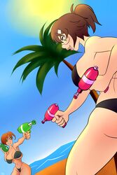 2girls beach big_breasts bikini bikini_top breasts crossover female female_only gate_-_jieitai_ka_no_chi_nite_kaku_tatakaeri glasses human koganuma_minori kuribayashi_shino multiple_girls outbreak_company pranky water_balloon water_gun