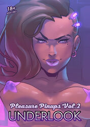 1girls bare_shoulders blizzard_entertainment breasts brown_hair cinnabarbie covered_nipples dark-skinned_female dark_skin earrings erect_nipples female female_only human jewelry latina lipstick long_hair looking_at_viewer makeup multicolored_hair nipples overwatch purple_eyes purple_hair side_shave solo sombra tagme text two_tone_hair