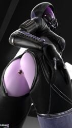 3d absurdres anal_insertion anus ass blender bodysuit breasts cleavage female female_only highres large_ass large_insertion likkezg looking_at_viewer looking_back mass_effect quarian solo tali'zorah_nar_rayya