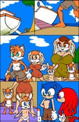 2017 anthro anthrofied big_breasts breasts canine cleavage clothed clothing comic cream_the_rabbit echidna female fox group hedgehog hi_res huge_breasts hybrid knuckles_the_echidna lagomorph male mammal monotreme rabbit skimpy sonic_(series) sonic_the_hedgehog tails team_sonic terrenslks vanilla_the_rabbit