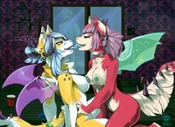 anthro bat breasts canine duo female french_kissing grungecandy hybrid kissing mammal masturbation nipple_piercing nipples piercing smile tongue tongue_out wings yuri