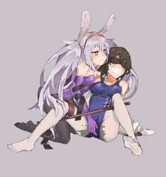 2girls amiba_(amiba00638239) azur_lane black_hair blindfold bondage bunny_ears bunnysuit forced_orgasm gag gagged laffey_(azur_lane) molestation multiple_girls restrained school_swimsuit spreader_bar tape tape_gag taped_mouth white_hair white_tape yuri