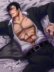 1boy abs bara black_hair blush gangsta human lying male male_only muscle nicolas_brown open_shirt partially_clothed scar smile solo sweat unbuttoned