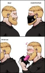 2boys bara beard black_clothes black_clothing black_hoodie blonde_eyebrows blonde_hair blush blushing chad clothed dialog dildo dildo_mask dildo_reveal drool face_mask facemask facial_hair gag gagged_speech gagging gay grey_eyes heart hoodie human male male_only manly mature_male meme muffled muscular_male mustache no_females nordic_chad paldraws pecs pink_dildo queen_of_spades sex_toy tears tears_of_pleasure text wojak_comics