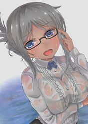 adjusting_glasses black-framed_glasses blue_eyes breast_hold breasts female folded_ponytail grey_hair high_resolution large_breasts long_hair looking_at_viewer masaki_kazusa megane open_mouth school_girl_strikers semi-rimless_glasses solo teacher tierra-sensei under-rim_glasses water wet wet_clothes