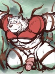 balls blush feline fur glans grimoire_of_zero istani male male_only mammal mercenary_(character) mercenary_(zero_kara_hajimeru_mahou_no_sho) muscular muscular_male nipples penis simple_background stripes tentacle tiger vines white_fur