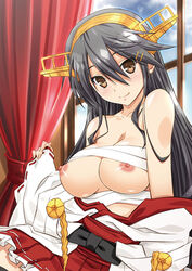 black_hair blush breasts detached_sleeves female hair_ornament hairband haruna_(kantai_collection) headgear izumi_mahiru japanese_clothes kantai_collection large_breasts long_hair nipples nontraditional_miko smile solo