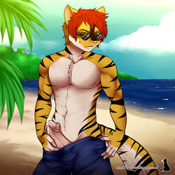 anthro clothed clothing erection eyewear feline humanoid_penis looking_at_viewer male male_only mammal muscular natysanime nipples pants_down partially_clothed penis precum smile solo standing sunglasses