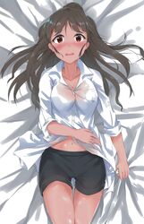 afraid anemone_noa blush brown_hair clothed_female embarrassed female female_only high_resolution idolmaster idolmaster_cinderella_girls kamiya_nao long_hair looking_at_viewer open_mouth ponytail red_eyes see-through shiny_skin shorts shy solo tied_hair wet