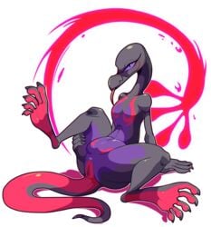 1girls 2017 5_toes anthro anus barefoot belly blush claws eyelashes feet female female_only flat_chest grey_skin heels holding leg_grab leg_up long_toes long_tongue looking_at_viewer navel nintendo no_nipples nude pink_skin pokemon pokemon_(species) pokemon_sm presenting_hindquarters purple_eyes purple_sclera purple_skin pussy salazzle scalie sharp_teeth sitting smile snappygrey soles solo spread_legs spreading tail thick_thighs toes tongue tongue_out white_background