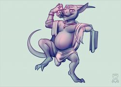 anthro balls belly big_belly flaccid humanoid_penis kobold korichi looking_at_viewer male male_only overweight penis purple_theme sketch smile solo uncut