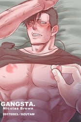 2boys abs bara black_hair blush gangsta male_only multiple_boys muscle nicolas_brown nipples pecs scar teeth undressing yaoi