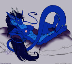 2012 anthro anus blue_fur blue_hair breasts claws curiodraco dragon eastern_dragon female fur hair horn looking_at_viewer nipples nude pinup pose pussy reclining scalie simple_background sketch smile solo sorika_mai_selena whiskers