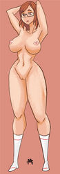 areola artist_request athorment_oc barely_clothed big_breasts breasts brown_eyes brown_hair dark-skinned_female evelyn_(athorment) evelyn_(athorment)_(female) female glasses hips long_hair navel nipples original_character pussy socks solo solo_focus thighs wide_hips