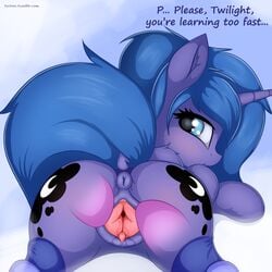 2017 absurd_res anus ass blue_hair clitoris cutie_mark dialogue dock english_text equine female feral friendship_is_magic fur hair hi_res horn lying mammal my_little_pony on_back princess_luna_(mlp) pussy pussy_juice spread_pussy spreading text twiren young