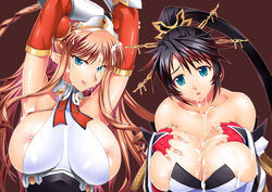 2girls :o :q aqua_eyes areola_slip areolae armpits arms_up blue_eyes breast_suppress breasts bukkake cleavage collarbone cum cum_on_body cum_on_breasts cum_on_hair cum_on_upper_body elbow_gloves fingerless_gloves gloves hair_bun hair_ornament highres large_breasts licking_lips long_hair looking_at_viewer midori_aoi multiple_girls nanbu_kaguya neige_hausen nipple_slip nipples pointy_ears showing_armpits smile super_robot_wars super_robot_wars_og_saga_mugen_no_frontier tongue tongue_out