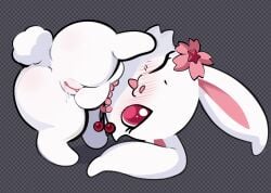 animal_ears animal_feet animal_hands animal_nose anus ass ass_focus blush cherry cherry_blossoms chibikemo englam female flower food fruit furry furry_female hair_flower hair_ornament highres jewelpet_(creature) jewelpet_(series) jewelry looking_at_viewer lying necklace on_back one_eye_closed open_mouth pussy pussy_juice rabbit_ears rabbit_girl rabbit_tail red_eyes ruby_(jewelpet) simple_background smile solo spread_legs star_(symbol) tail uncensored white_fur