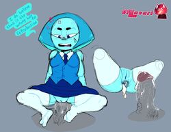 1girls aftersex anal anal_insertion anal_sex angry anus aquamarine_(steven_universe) ass blue_eyes blue_skin cartoon_network collared_shirt cum cum_inside cum_leaking dialogue disembodied_penis duo english_text feet female gaping gaping_anus gem_(species) grey_background labia leggings looking_down penis plain_background pubic_hair pussy schoolgirl simple_background sitting skirt small_penis small_penis_adoration socks speech_bubble steven_universe straight sweatdrop text thighhighs tie uniform upskirt valavari veiny_penis vest