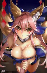 animal_ears bare_shoulders black_background breasts cum cum_on_body cum_on_upper_body fate_(series) female fox_ears fox_tail handjob heart heart-shaped_pupils large_breasts long_hair looking_at_viewer penis pink_hair solo_focus symbol-shaped_pupils tail tamamo_no_mae_(fate) viola_(seed)