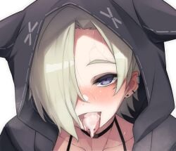 after_fellatio animal_ear_hood black_jacket blonde_hair blush commentary_request cum cum_in_mouth ear_blush ear_piercing earclip earrings female grey_eyes hair_over_one_eye halterneck highres hood hood_up hooded_jacket jacket jewelry looking_at_viewer love_live! love_live!_nijigasaki_high_school_idol_club mia_taylor nasuno_(nasuno42) nose_blush one_eye_covered open_clothes open_jacket open_mouth parted_bangs piercing portrait short_hair simple_background solo steaming_body stud_earrings sweat tongue tongue_out white_background