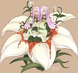 2girls alraune breasts female flower full_length green_skin gyarusatan inverted_nipples large_breasts licking_lips liliraune_(monster_girl_encyclopedia) looking_at_viewer monster_girl monster_girl_encyclopedia multiple_girls nipples nude plant plant_girl purple_eyes purple_hair tongue tongue_out yuri