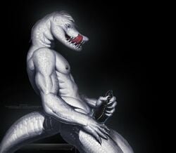 anthro crocodile crocodilian erection licking licking_lips male male_only masturbation muscular nipples nude reptile richarddeus scalie solo tongue tongue_out