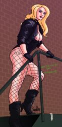 1girls areola black_canary black_leotard blonde_hair blue_eyes boots breasts busty cleavage cum cum_on_breasts cum_on_lips dc dc_comics dinah_lance english english_text eyeshadow female female_only fishnet fishnet_pantyhose fishnets gloves green_arrow_(series) high_heel_boots high_heels hips human jacket justice_league legs legwear leotard lipstick long_hair makeup nipples pantyhose sassafras shoes solo standing tagme text thighs used_condom voluptuous