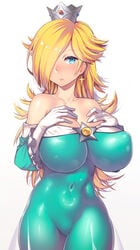 1girls big_breasts blonde_hair blue_eyes blush bodysuit breasts clothed covered_navel cowboy_shot crown dress earrings erect_nipples female female_only gloves gradient_background grey_background hair_over_one_eye huge_breasts human long_hair looking_at_viewer mario_(series) nagase_haruhito nintendo nipple_bulge princess_rosalina see-through simple_background skin_tight solo standing tight_clothing very_long_hair voluptuous