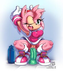 1girls amy_rose anthro big_breasts breasts coolblue dildo erect_nipples erect_nipples_under_clothes female female_only footwear green_dildo handwear hedgehog mammal mario_and_sonic_at_the_olympic_games masturbation nipple_bulge nipples penetration pussy sega sex_toy solo sonic_(series) sonic_the_hedgehog_(series) sports_uniform sportswear sweat vaginal vaginal_penetration