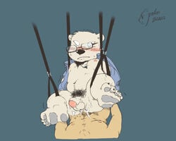 anthro balls barefoot bear blush bottomless closed_eyes cum cum_in_ass cum_inside eyewear flaccid furry glasses jewelry male mammal necklace nipples penis polakuma polar_bear precum pubic_hair suspension unbuttoned_shirt yaoi