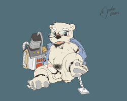 balls barefoot bear blush bondage bottomless bound chains clothed clothing erection eyewear forced glasses humanoid_penis jewelry machine male male_only mammal milking_machine necklace nipples penis penis_milking polakuma polar_bear pubes sex_toy simple_background solo unbuttoned_shirt