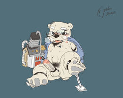 balls barefoot bear blush bondage bottomless bound chains clothed clothing erection eyewear forced glasses humanoid_penis jewelry machine male male_only mammal milking_machine necklace nipples penis penis_milking polakuma polar_bear pubes sex_toy simple_background solo unbuttoned_shirt