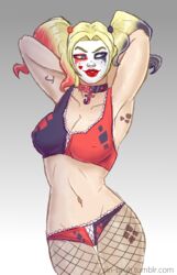 1girls armpits artist_name batman_(series) belly black_hair blonde blonde_hair blue_eyes breasts cleavage covered_breasts covered_nipples dc dc_comics denim denim_shorts facepaint facial_mark female female_only fishnet fishnet_legwear fishnet_pantyhose fishnets fully_clothed harley_quinn hips legs legwear lipstick long_hair makeup midriff navel pantyhose red_hair short_shorts shorts sin_bruh solo suicide_squad tagme tattoo thighs tied_hair twintails web_address