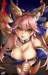 animal_ears bare_shoulders black_background breasts cum ejaculation fate_(series) female fox_ears fox_tail handjob heart heart-shaped_pupils large_breasts long_hair looking_at_viewer penis pink_hair solo_focus symbol-shaped_pupils tail tamamo_no_mae_(fate) viola_(seed)