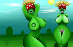 2girls anthro breasts female female_only flora_fauna greey mario_(series) multiple_girls nintendo nipples nude outdoors panties piranha_plant plant standing super_mario_bros. underwear video_games