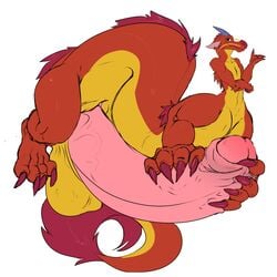 animal_genitalia balls disney dragon eastern_dragon erection fluffyblarg fur genital_slit hair horn humanoid_penis hyper hyper_penis looking_at_viewer male male_only mulan mushu penis slit smile solo taur testicles uncut white_background